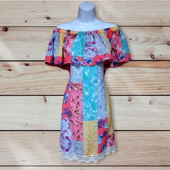 UMGEE | PATCHWORK PAISLEY COLORFUL BOHO BEACHY  OFF THE SHOULDER STRAPLESS DRESS - Picture 4 of 16